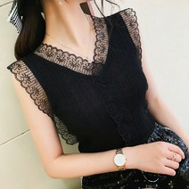 여성 브이넥 레이스 나시 민소매 슬리브리스 탑 블라우스