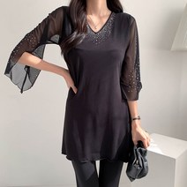 루트82 넥라인보석포인트 롱블라우스 나팔소매블라우스 댄스복 이지룩