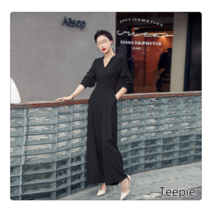 티피/Teepie봄 새로운 하이 웨이스트 얇은 와이드 레그 긴 바지 여성 캐주얼 루즈 스트레이트 점프 슈트 유행