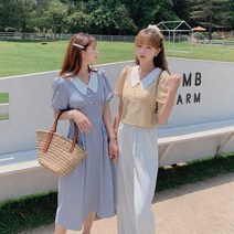 여성 린넨 격자 퍼프소매 블라우스 남방면 린넨 반팔 셔츠 허리를 접다