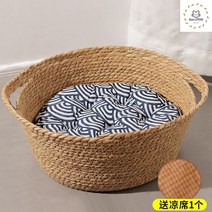 고양이 방석 쿠션 라탄 여름 바구니 스크래쳐 매트 반려동물 용품, 라탄바구니 (방석+쿨돗자리)