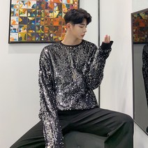 남자 가을 럭셔리 스트릿 패션 스팽글 장식 남방 셔츠