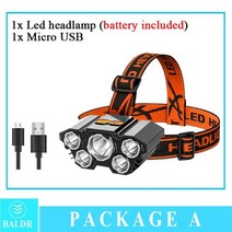 BALDR USB 충전식 헤드램프 휴대용 5LED 헤드라이트 내장 배터리 토치 작업 조명 낚시 캠핑, headlamp A, EU