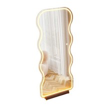 스탠드 웨이브 전신 거울 예쁜 감성 데코 경대 곡선, 170x70cm조명 거울(월넛컬러 받침대)