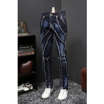 남자 특이한 청바지 패치워크 슬림핏 데님 팬츠 진청 무대의상