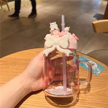 스타벅스 핑크 고양이 내열유리컵 텀블러 스벅정품 머그컵 스벅정품 빨대컵 600ml, 핑크 유리텀블러