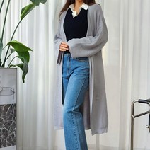 뜨개진 여성용 루즈핏 옆트임 펀칭 오픈 멜리 롱 가디건