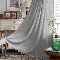 YUXNT 카키 자수 깅엄 태슬 세미 암막 커튼 160cm(63인치) 2 패널 농가 스타일 면 리넨 다크닝 커튼 침실 거실용 로드 포켓 드레이프(너비 139.7cm(55인치)
