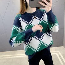 가을 겨울 루즈핏 빈티지 깅엄체크 라운드 보들보들 니트 풀오버 코디 학원 스웨터녀