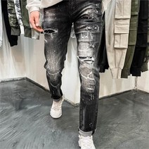 옷자락 [옷자락] 남자 워싱 블랙 페인트 데님 청바지