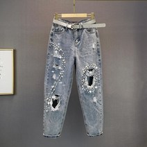 비즈 찢어진 아빠 청바지 여성 트렌디 한 2023 여름 의류 높은 허리 느슨한 슬리밍 붕괴 헐렁한 바지