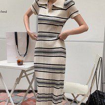 [랜덤플레이] 스트라이프 반팔 슬림핏 니트 롱 원피스