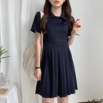 샌디 PK 반팔 헨리넥 카라 버튼 플리츠 미니 원피스 (navy)