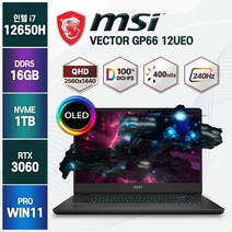 [백팩 증정] MSI Vector GP66 12UEO 12세대 i7-12650H RTX3060 QHD OLED 15인치 윈도우11, Vector 12UEO-i7, WIN11 Pro, 16GB, 1TB, 코어i7, 블랙