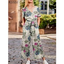 통통녀 빅사이즈 플러스 오버 사이즈 하비 멜빵 바지 점프 수트 슈트 Zanzea 보헤미안 빈티지 홀리데이 여성 여름 꽃 무늬 프린트 사이드 포켓 ​​v 넥 반팔 벨트 플레이