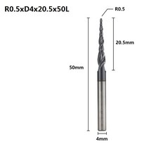 XCAN 솔리드 카바이드 볼 코 테이퍼 엔드밀2 플루트 조각 라우터 비트 HRC55 CNC 나무 밀링 커터, CN, R0.5x20.5xD4x50