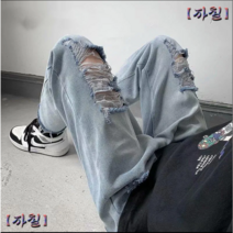 남성 봄과 가을 하이 스트리트 루즈한 스트레이트 핏 팬츠 루즈한 찢어진 청바지