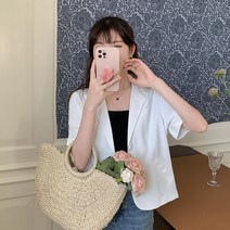 큐티팝 여성 데일리 여름 린넨 스탠다드 베이직 크롭 무지 숏 블라우스 싱글 반팔자켓
