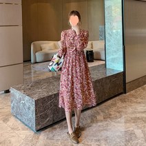 Makone 여성용 봄가을 시즌 원피스신상 봄가을 긴팔 루즈핏 빅사이즈 스커트 미디 플라워 쉬폰 원피스