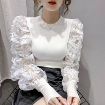 여성 숏 자켓 레이스 퍼프 슬리브 니트 탑 여성 블라우스 프랑스 궁전 자켓 봄과 가 새로운 성격 라운드 칼