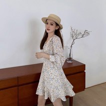 다소미얼 Mar.23 79번 인절미 자작 플라워 원피스 봄키 하프 기장 롱 슬리브 A라인 스커트여자Z