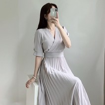 비비미미 하객룩 브이넥 셔링 퍼프 소매 랩 플리츠 벨트 롱 원피스 2color