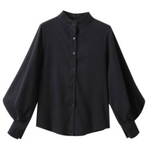 빅 랜턴 슬리브 블라우스 여성 가을/겨울 싱글 단추 스탠드 칼라 셔츠 사무용 단색 빈티지 블라우스 셔츠