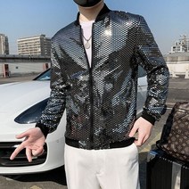 남성 가수 무대 공연 트로트 의상 MC 자켓 연극 축제 행사 사회자 정장 재킷 의상 봄 여름 자외선 차단 의류 실버 스팽글 얇은 청 한류 스탠드 칼라 슬림 캐주얼 코트