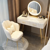 북유럽 화장대세트 럭셔리 서랍장 스툴 수납장, 간단조립, 미백색80CM+LED거울+꽃잎의자