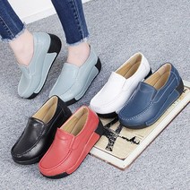 준마켓 6cm 여성 소가죽 단화 통굽 푹신한 쿠션 키높이 사이드 밴딩 슈즈 명품 로퍼 발편한 굽높은 굽있는 가벼운