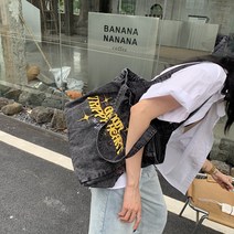 ﻿﻿자수 지퍼 대용량 블랙데님 토트 숄더백 남녀