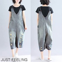 JUST FEEL!NG 봄여름 여성 빅사이즈 브이넥 와이드 7부 점프슈트 데님 캐주얼 슬림핏 멜빵바지