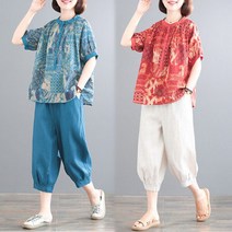 여성 캐주얼 반팔셔츠 블라우스 린넨 상하의 세트