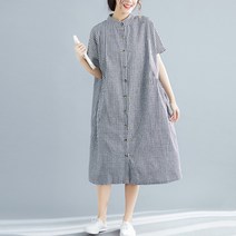 여성 여름 헨리넥 체크무늬 와이드 롱 캐주얼 셔츠 원피스
