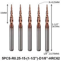 텅스텐 솔리드 카바이드 인치 사이즈 3175mm 볼 노즈 테이퍼 엔드 밀 라우터 비트 CNC 테이퍼 목재 금속 밀링 커터 5 개묶음, 5PC-R0.25-D3.1-HRC62