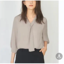 춘게엘 브이넥 쉬폰 칠부 소매 리본탑 블라우스 r014