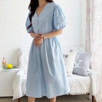 러빙엠 데일리 내츄럴 셔링 가벼운 리본 코튼 브이넥 퍼프 셔츠 면소재 롱 원피스