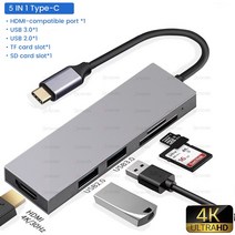 USB 3.1 c형 허브-HDMI 멀티 스플리터 어댑터 4K 썬더볼트 3 USB c허브 TF SD 리더 슬롯 PD 포함 맥북 프, 5 IN 1