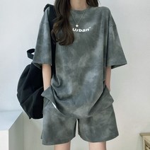 라라벨 여성 라운드 영문 프린팅 캐쥬얼 나염 밴딩 반바지 유니크 데일리 상하의 세트
