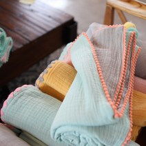 02_옐로우+그레이+폼폼아이보리 폼폼 4중거즈 베이직 블랭킷 가로100 세로115 홑이불 간절기담요