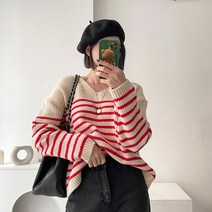 [루즈핏!] 베리 브이넥 스트라이프 니트 티셔츠