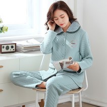 강아지수면조끼 가을겨울 두꺼운 순면 긴팔소매 중노년 어머니 잠옷 세트가정 홈웨어 3단 보온 얇은 클립 솜겹층, C13-18220그린