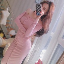 여자 원피스 같은 핑크 단어 긴팔 비브라토 슬리밍 드레스 슬림 한 끈이없는
