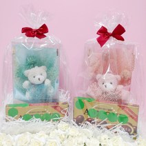 발렌타인데이 러블리 테디베어 곰인형 꽃다발 아몬드초코볼 초콜릿선물, 파스텔 핑크, 1개, 200g