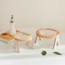 강아지 고양이 원목 물그릇 밥그릇 식기 수반 찹찹이, 오렌지, Small(유리그릇 1개 포함)