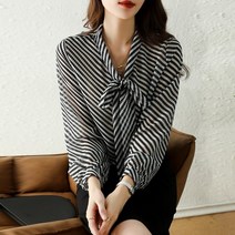 넷투넷코리아 여성 브이넥 루즈핏 스트라이프 블라우스 리본 나방