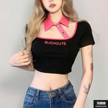 가바바 여성 크롭티 핫핑크 시선강탈 유니크란 카라 반팔티셔츠 G69454