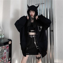 여성 후드 코트 핸드메이드 숏 하프 롱 반 알파카 고딕 긴 소매 검은 지퍼 뿔 가 달린 스웨터 금속 장식 느슨한 미적 한국어 y2k 의류