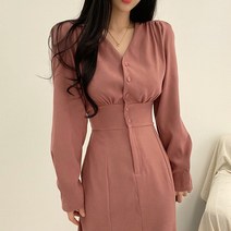 [레티고] 브이넥 소매 퍼프 머메이드 롱 원피스
