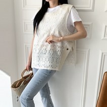 네쥬 여성 봄 여름 오버핏 레이스 조끼 민소매 티셔츠